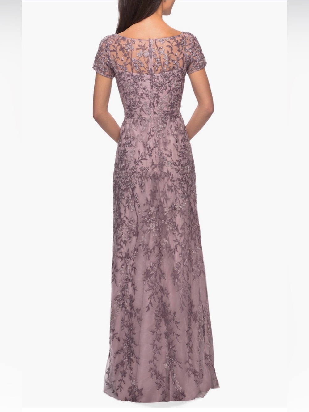 La Femme Floral Beaded Evening Dress With Sheer Cap Sleeves, So Beautiful - Picture 3 of 12